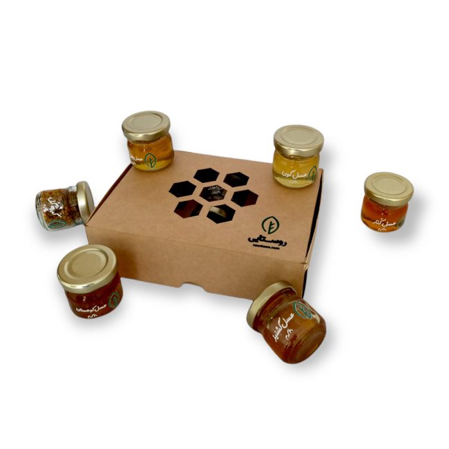 بسته تست مقوایی عسل روستایی شامل ۵ نوع عسل مختلف و یک بسته ۲۰ گرمی گرده گل