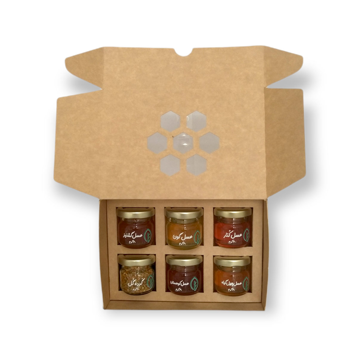 پک ۶ عددی کندو روستایی شامل ۵ نوع عسل مختلف ۴۰ گرمی و گرده گل ۲۰ گرمی